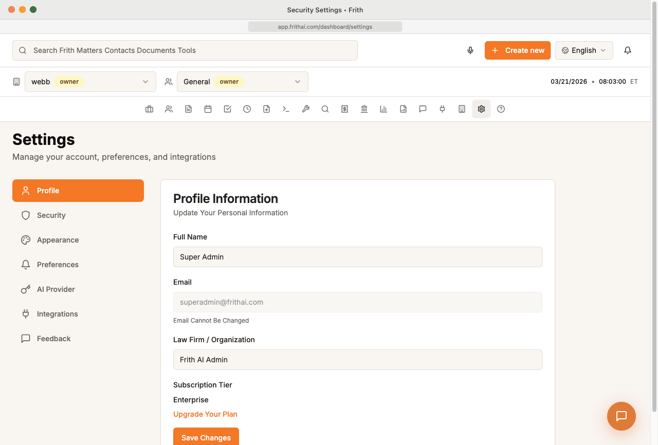 Frith security settings — built for attorney-client privilege